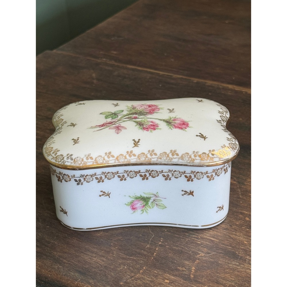 Shabby Chic Limoges France  Porcelain Trinket Box Pink Roses Gold Gilt Scalloped